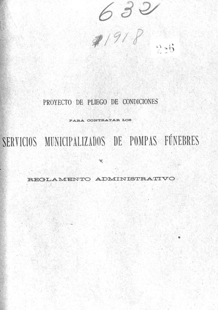 Miniatura de Proyecto de pliego de condiciones para contratar los servicios municipalizados de pompas fúnebres y reglamento administrativo
