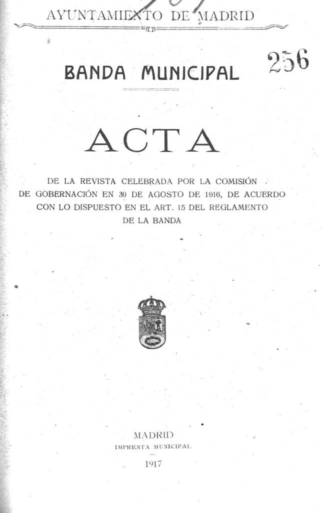 Miniatura de Banda municipal : Acta de la revista celebrada por la Comisión de Gobernación en 30 de agosto de 1916, de acuerdo con lo dispuesto en el art. 15 del Reglamento de la Banda