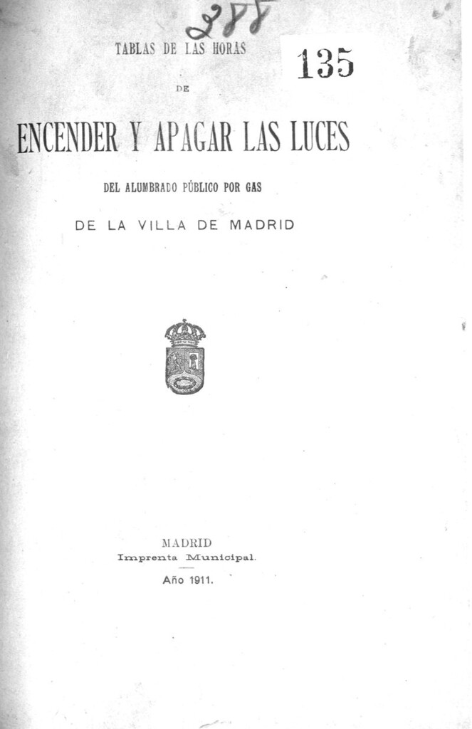 Miniatura de Tablas de las horas de encender y apagar luces del alumbrado público por gas de la villa de Madrid