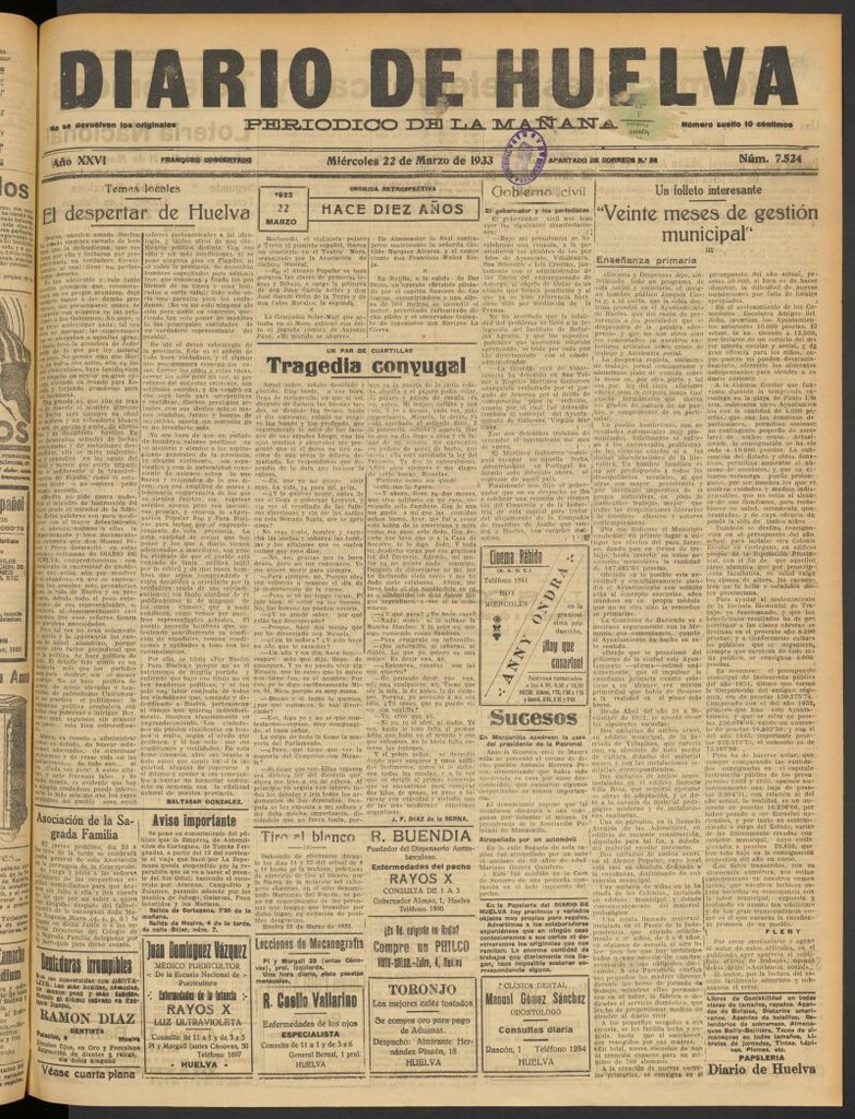 Miniatura de Diario de Huelva : periódico independiente del 22 de marzo de 1933
