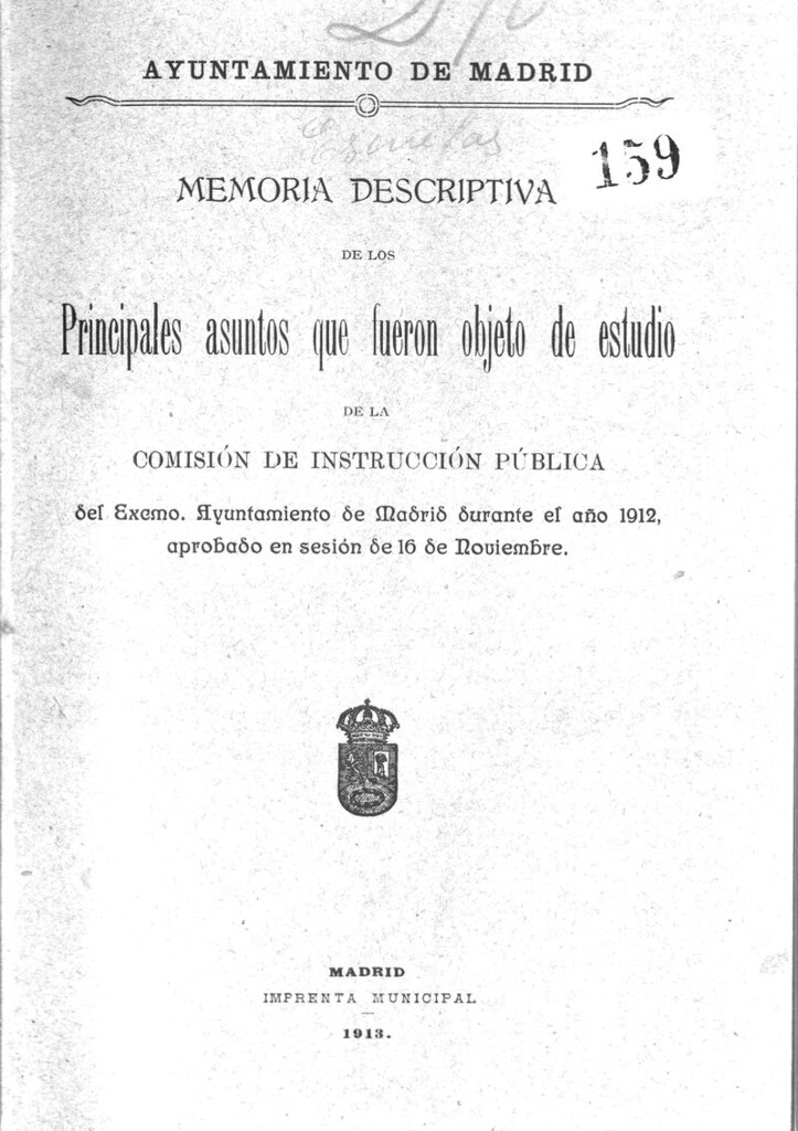 Miniatura de Memoria descriptiva de los principales asuntos que fueron objetos de estudio de la Comisión de Instrucción Pública del Excmo. Ayuntamiento de Madrid…