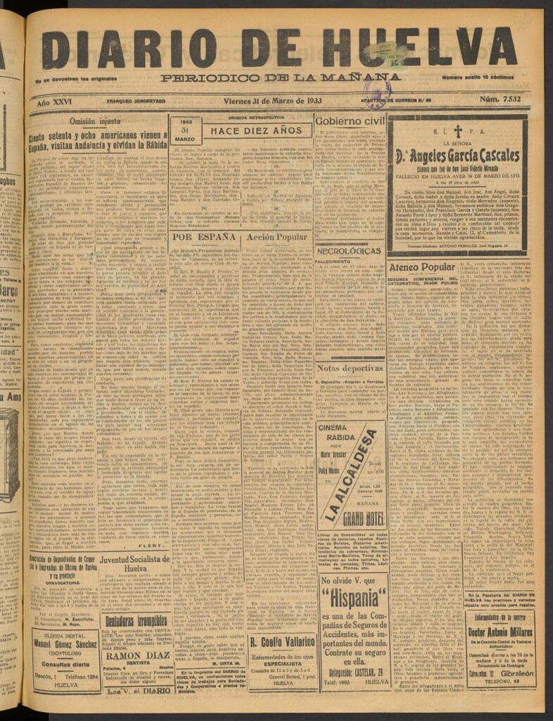 Miniatura de Diario de Huelva : periódico independiente del 31 de marzo de 1933