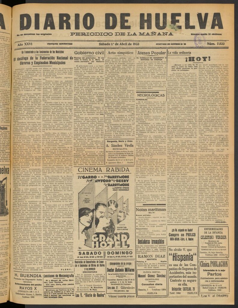 Miniatura de Diario de Huelva : periódico independiente del 1 de abril de 1933