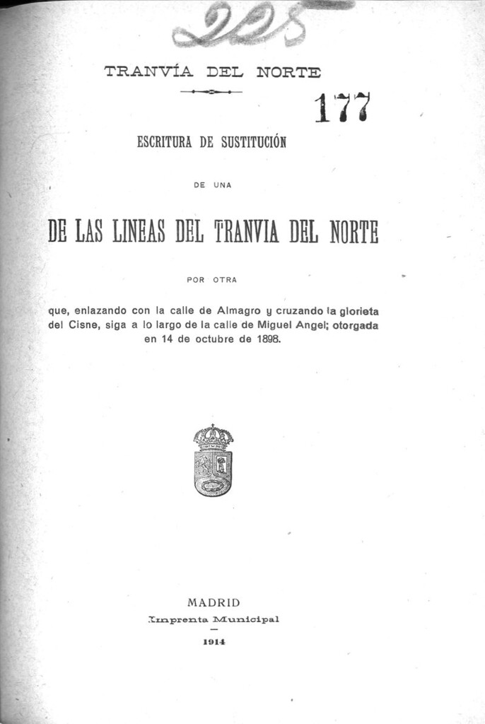 Miniatura de Escritura de sustitución de una de las líneas del tranvía del Norte por otra... otorgada en 14 de octubre de 1898
