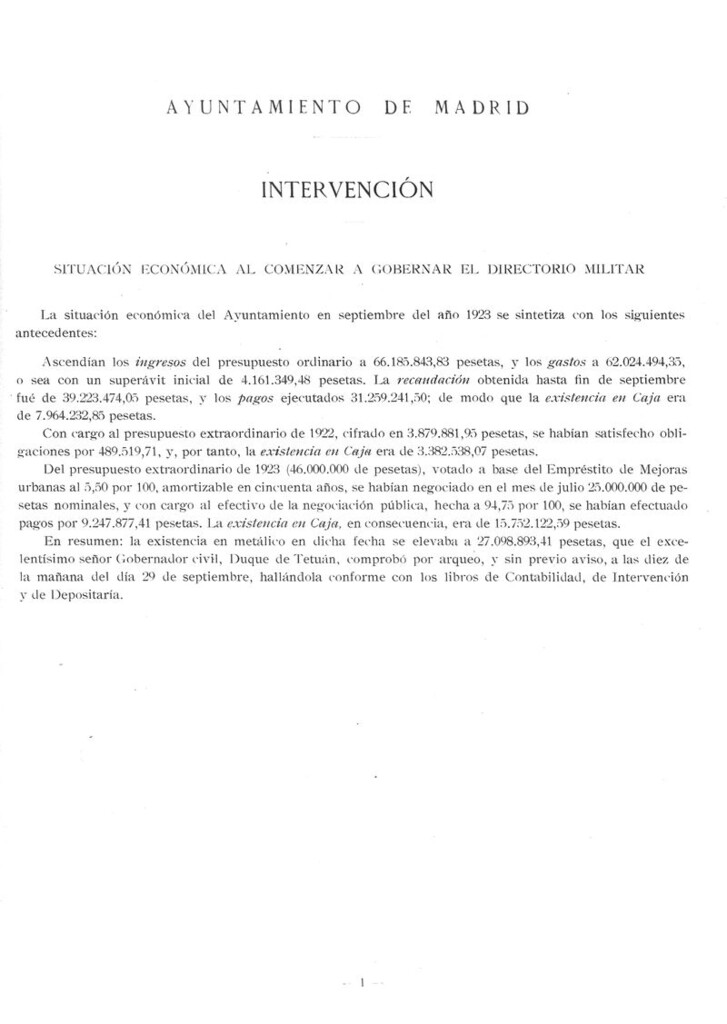Miniatura de Intervención.Situación económica del Ayuntamiento al comenzar a gobernar el Directorio Militar.