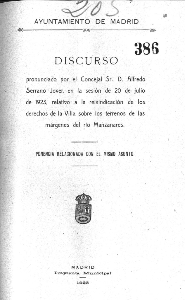 Miniatura de Discurso pronunciado por el concejal,relativo a la reinvindicación de los derechos de la villa sobre los terrenos de las márgenes del río Manzanares.