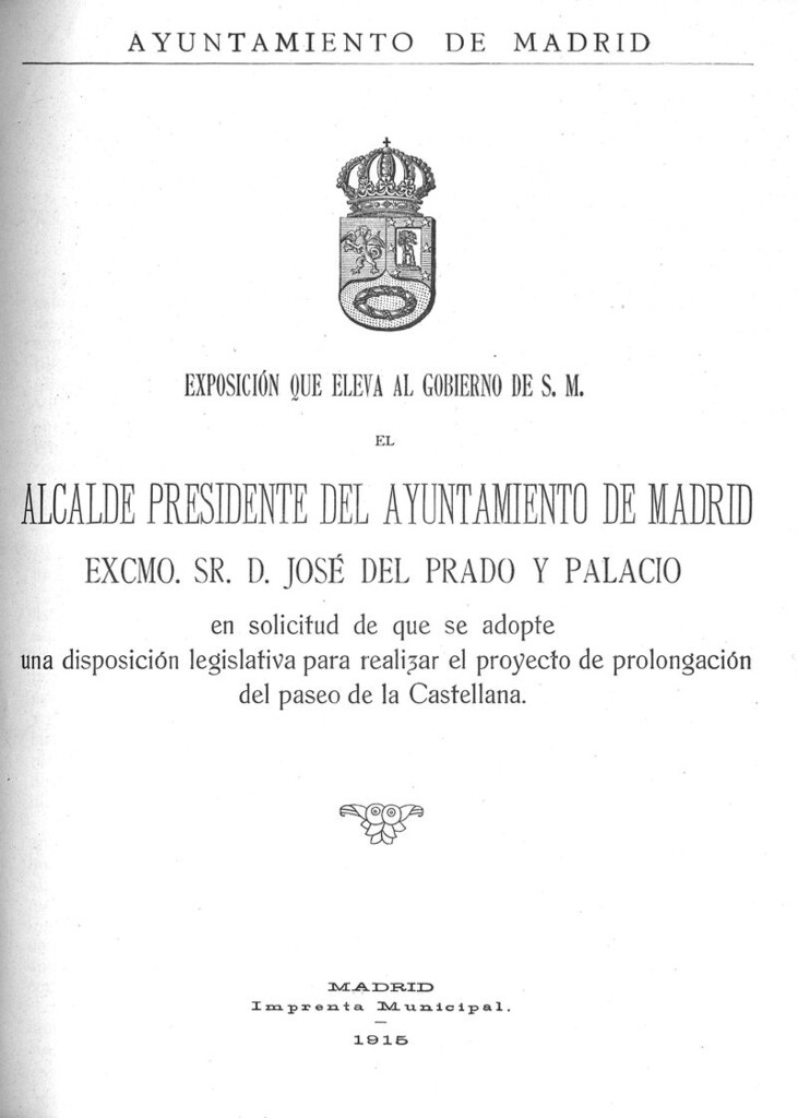 Miniatura de Exposición que eleva al gobierno de S.M. El alcalde presidente del ayuntamiento de Madrid Excmo. Sr. D. José del Prado y Palacio en solicitud de que se adopte una disposición legislativa para realizar el proyecto de prolongación del paseo de la Castellana