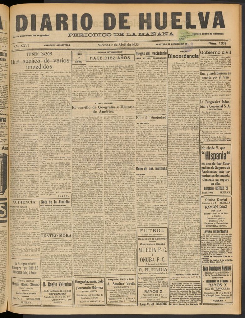 Miniatura de Diario de Huelva : periódico independiente del 7 de abril de 1933