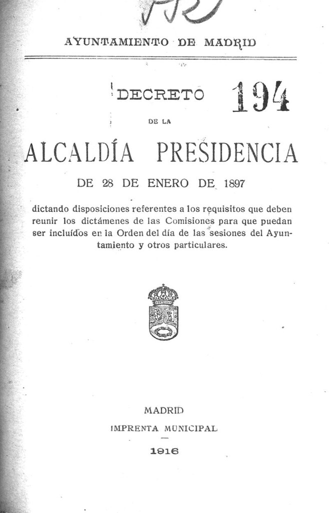 Miniatura de Decreto de la Alcaldía Presidencia de 28 de enero de 1897 dictando disposiciones referentes a los requisitos que deben reunir los dictámenes de las Comisiones para que puedan ser incluídos en la Orden del día de las sesiones del Ayuntamiento y otros particulares