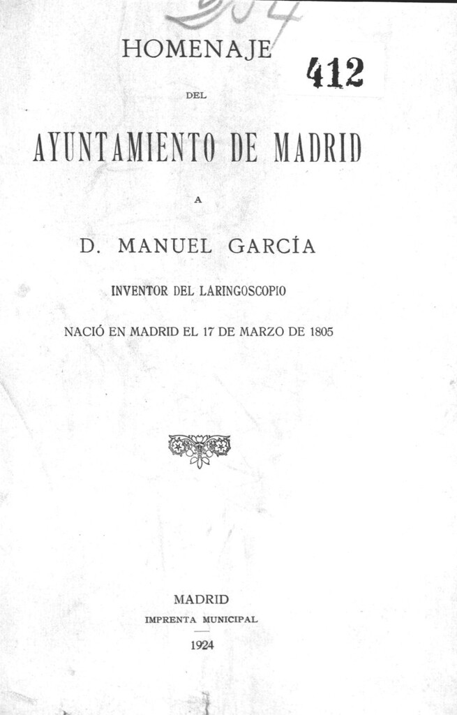 Miniatura de Homenaje del Ayuntamiento de Madrid a D. Manuel García, inventor del laringoscopio.