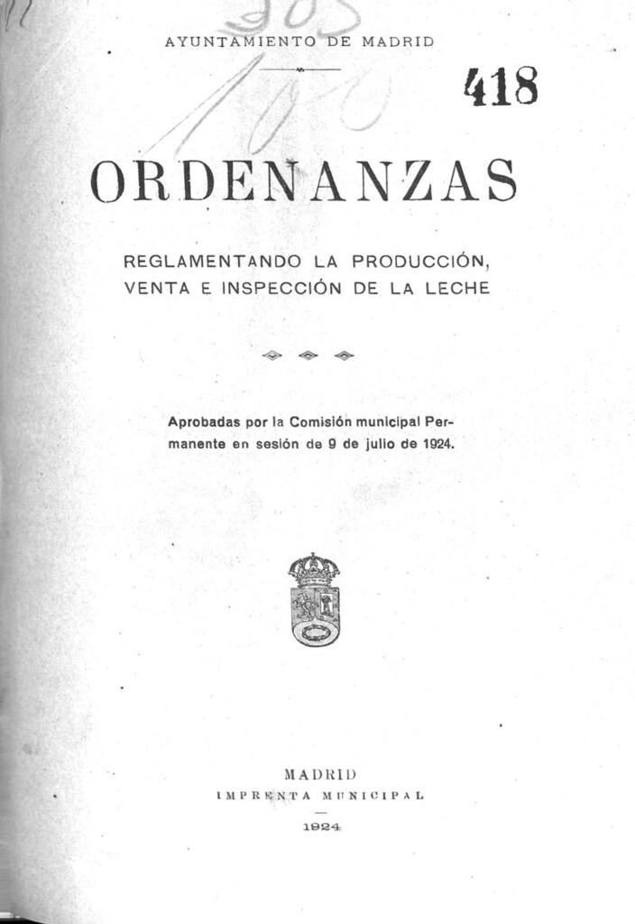 Miniatura de Ordenanzas reglamentando la producción, venta e inspección de la leche.