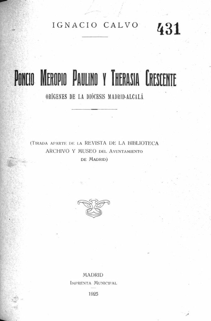 Miniatura de Poncio Meropio Paulino y Therasia Crescente.Orígenes de la Diócesis Madrid-Alcalá