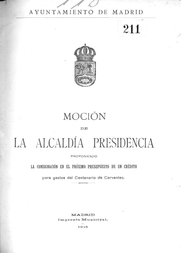 Miniatura de Moción de la Alcaldía Presidencia proponiendo la consignación en el próximo presupuesto de un crédito para gastos del centenario de Cervantes