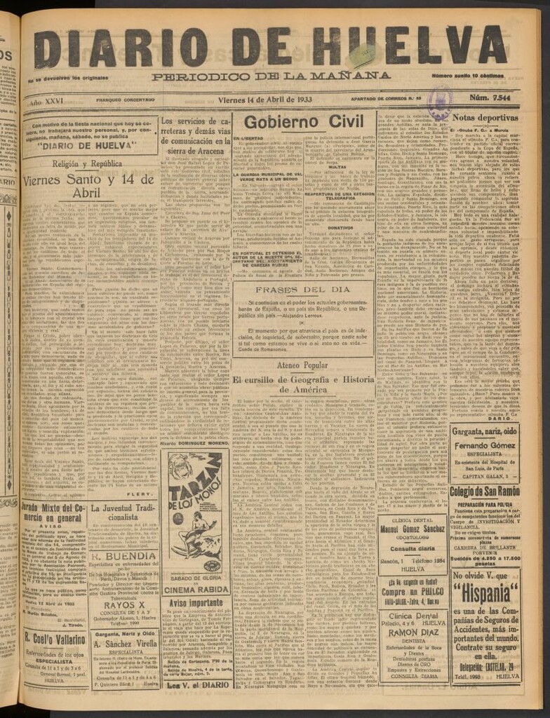 Miniatura de Diario de Huelva : periódico independiente del 14 de abril de 1933