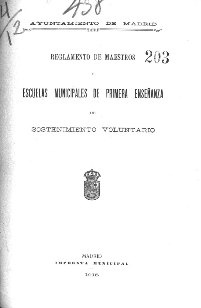 Miniatura de Reglamento de maestros y escuelas municipales de primera enseñanza de sostenimiento voluntario