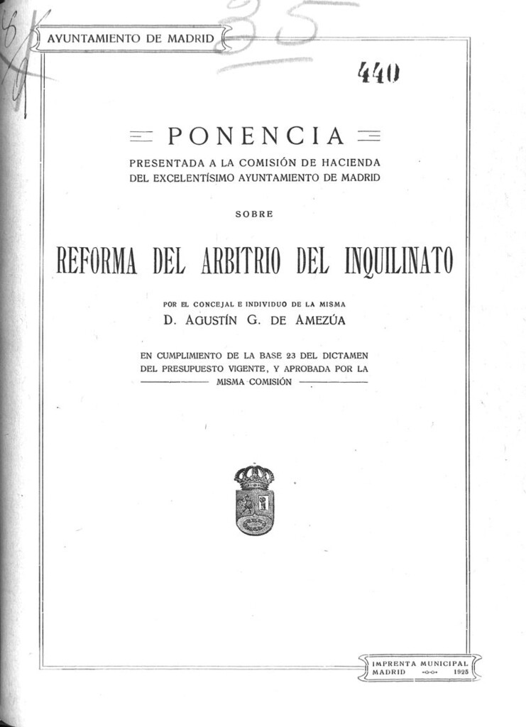 Miniatura de Ponencia presentada a la Comisión de Hacienda del Excmo. Ayuntamiento de Madrid sobre reforma del arbitriio del inquilinato.