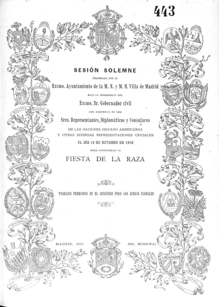 Miniatura de Sesión solemne celebrada por el Excmo. Ayuntamiento de la...villa de Madrid bajo la presidencia del excmo. sr. gobernador civil ...el día 12 de octubre de 1918 para conmemorar la Fiesta de la Raza.Trabajos en el concurso para los Juegos Florales.