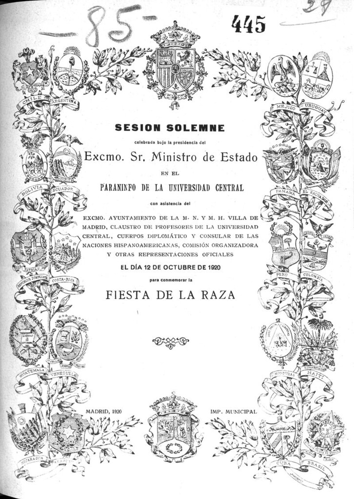 Miniatura de Sesión solemne celebrada bajo la Presidencia del Excmo Sr. Ministro de Estado en el Paraninfo de la Universidad Central con asistencia de... para conmemorar la fiesta de la raza