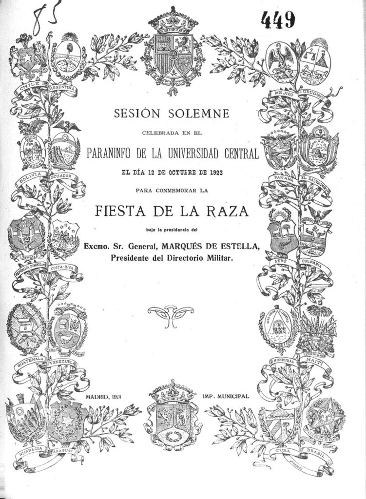 Miniatura de Sesión solemne celebrada en el Paraninfo de la Universidad Central el 12 de Octubre de 1923 para conmemorar la Fiesta de la Raza.