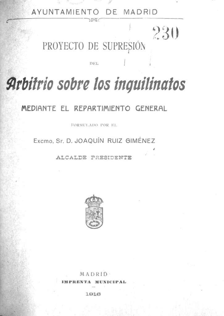 Miniatura de Proyecto de supresión del arbitrio sobre los inquilinatos mediante el repartimiento general