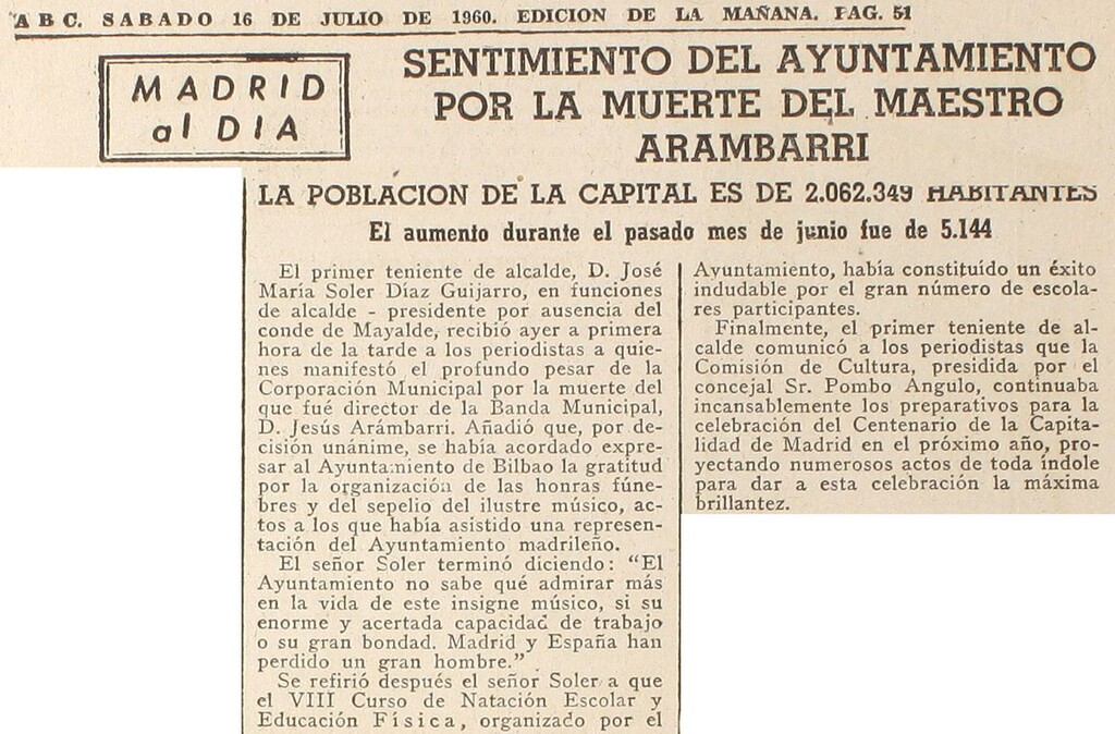 Miniatura de Sentimiento del Ayuntamiento por la muerte del maestro Arámbarri