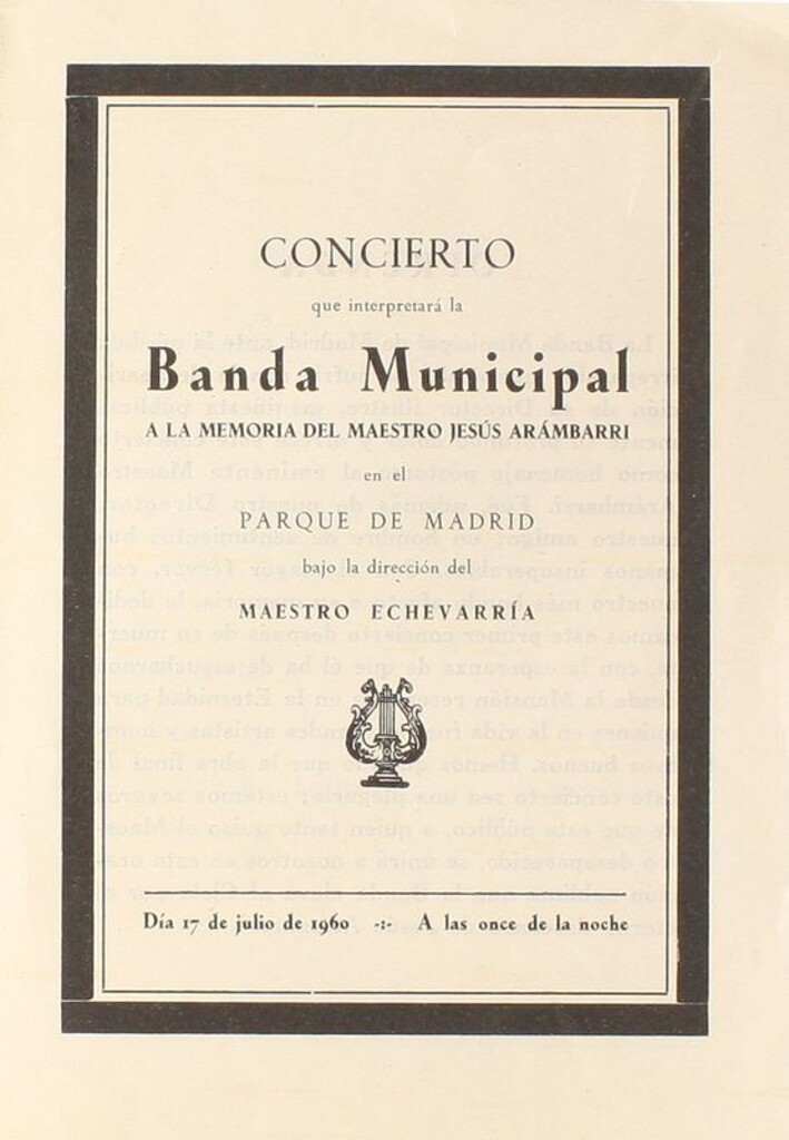 Miniatura de Concierto que interpretará la Banda Municipal a la memoria del maestro Jesús Arámbarri. Programa oficial de concierto de la Banda Municipal de Madrid. Parque de Madrid, 17 de julio de 1960
