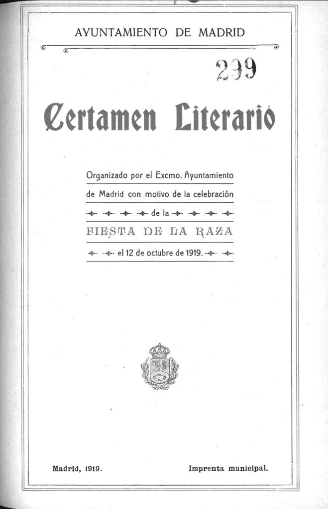 Miniatura de Certamen literario organizado por el Excmo. Ayuntamiento de Madrid con motivo de la celebración de la Fiesta de la Raza el 12 de octubre de 1919