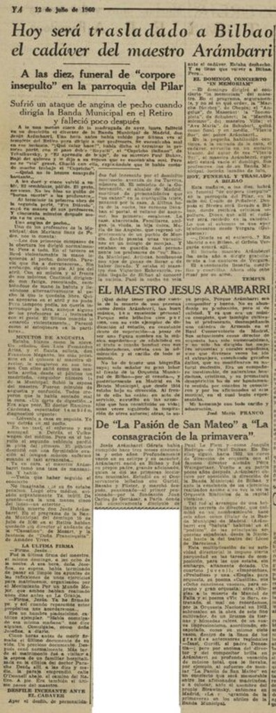 Miniatura de Hoy será trasladado a Bilbao el cadáver del maestro Arámbarri