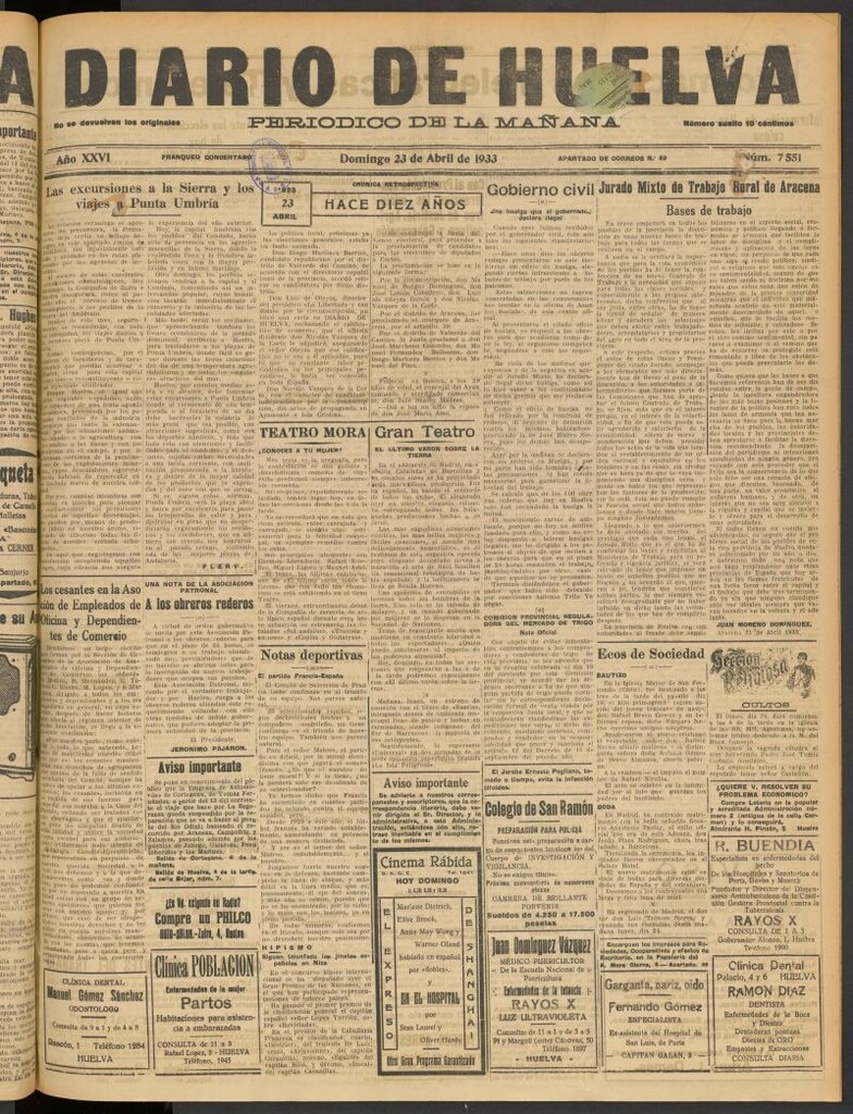 Miniatura de Diario de Huelva : periódico independiente del 23 de abril de 1933