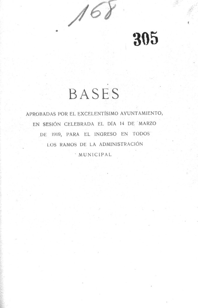 Miniatura de Bases aprobadas por el Excelentísimo Ayuntamiento, en sesión celebrada el día 14 de marzo de 1919, para el ingreso en todos los ramos de la Administración Municipal