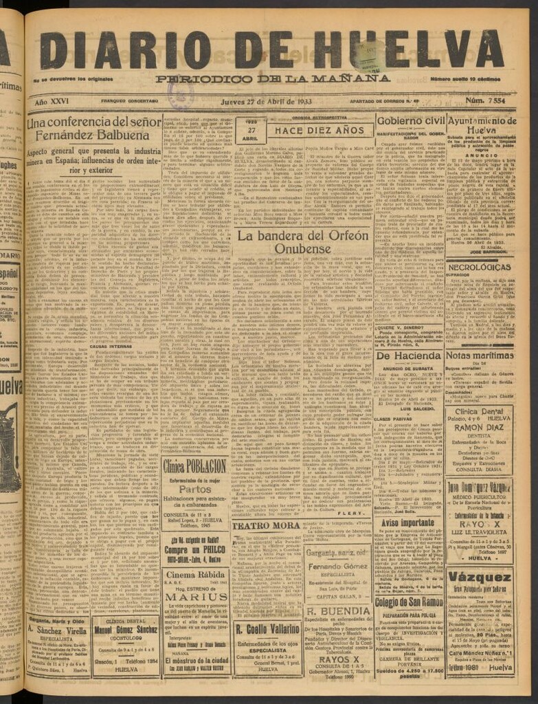 Miniatura de Diario de Huelva : periódico independiente del 27 de abril de 1933