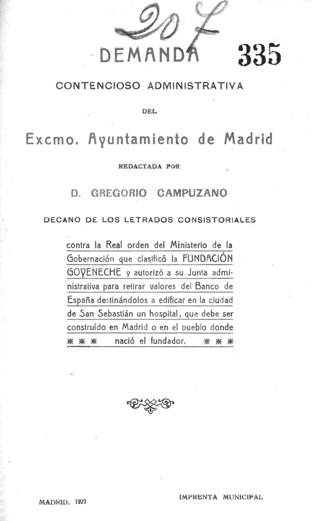 Miniatura de Demanda contencioso administrativa del Excmo. Ayuntamiento de Madrid contra la Real Orden del Ministerio de la Gobernación que clasificó la Fundación Goyeneche…