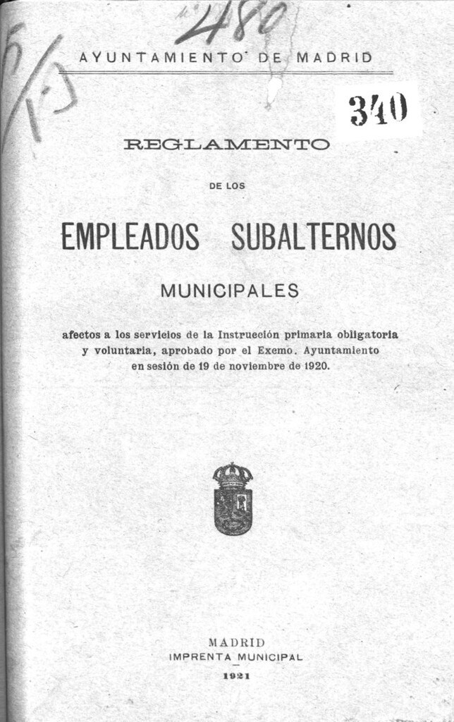 Miniatura de Reglamento de los empleados subalternos municipales afectos a los servicios de la Instrucción primaria obligatoria y voluntaria, aprobado por el Excmo. Ayuntamiento en sesión de 19 de noviembre de 1920.