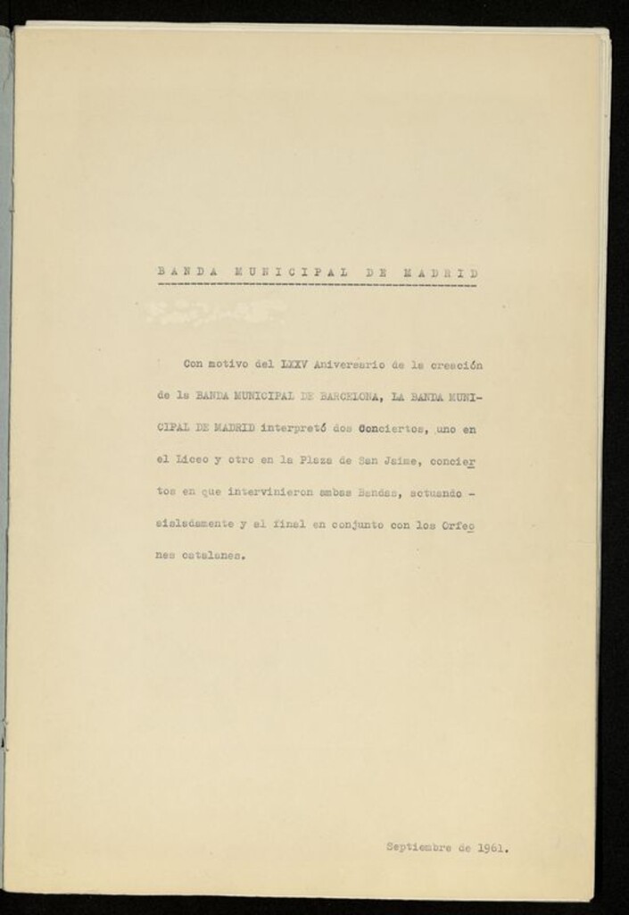Miniatura de LXXV Aniversario de la creación de la Banda Municipal de Barcelona en septiembre de 1961