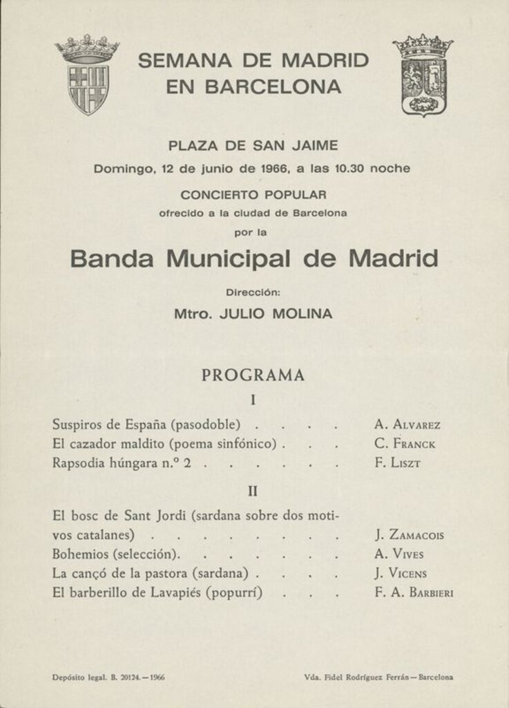 Miniatura de Programa de concierto por la Banda Municipal de Madrid. Barcelona, 12 de junio de 1966