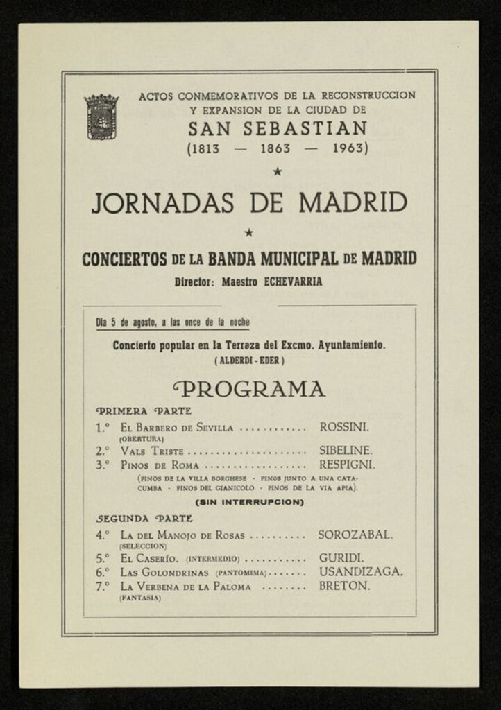 Miniatura de Programa de los conciertos de la Banda Municipal de Madrid en San Sebastián, los días 5, 6 y 7 de agosto de 1963