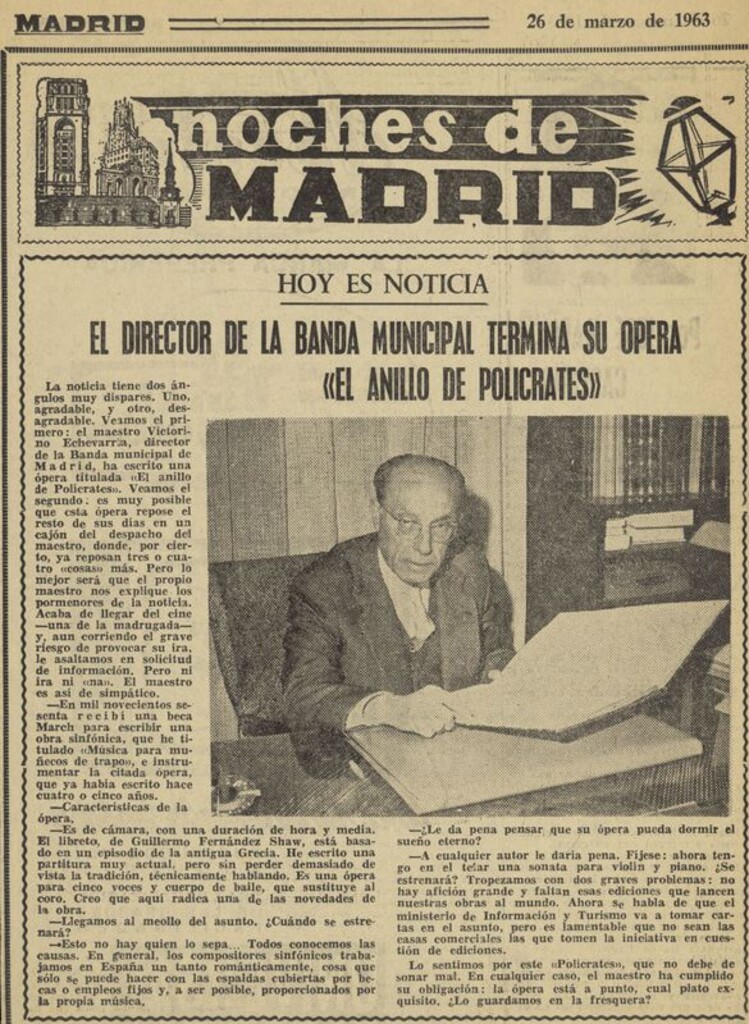 Miniatura de El director de la Banda Municipal termina su ópera "El anillo de Polícrates"