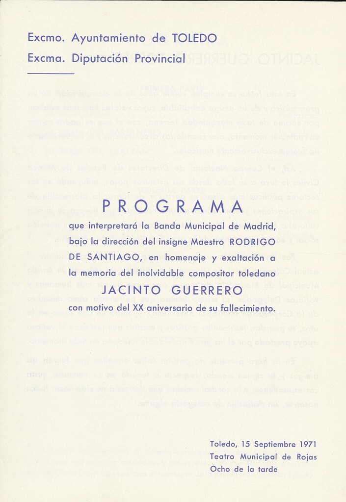 Miniatura de Programa que interpretará la Banda Municipal de Madrid, bajo la dirección del insigne Maestro Rodrigo de Santiago, en homenaje y exaltación a la memoria del inolvidable compositor toledano Jacinto Guerrero con motivo del XX aniversario de su fallecimiento