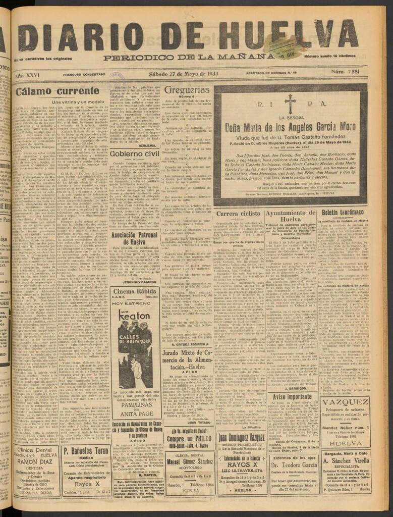 Miniatura de Diario de Huelva : periódico independiente del 27 de mayo de 1933