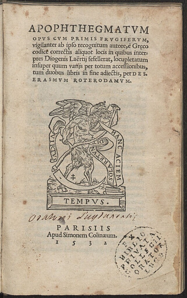 Miniatura de Apophthegmatum : opus cum primis frugiferum, vigilanter ab ipso recognitum autore, è Greco codice correctis aliquot locis in quibus interpres Diogenis Laertij fefellerat...