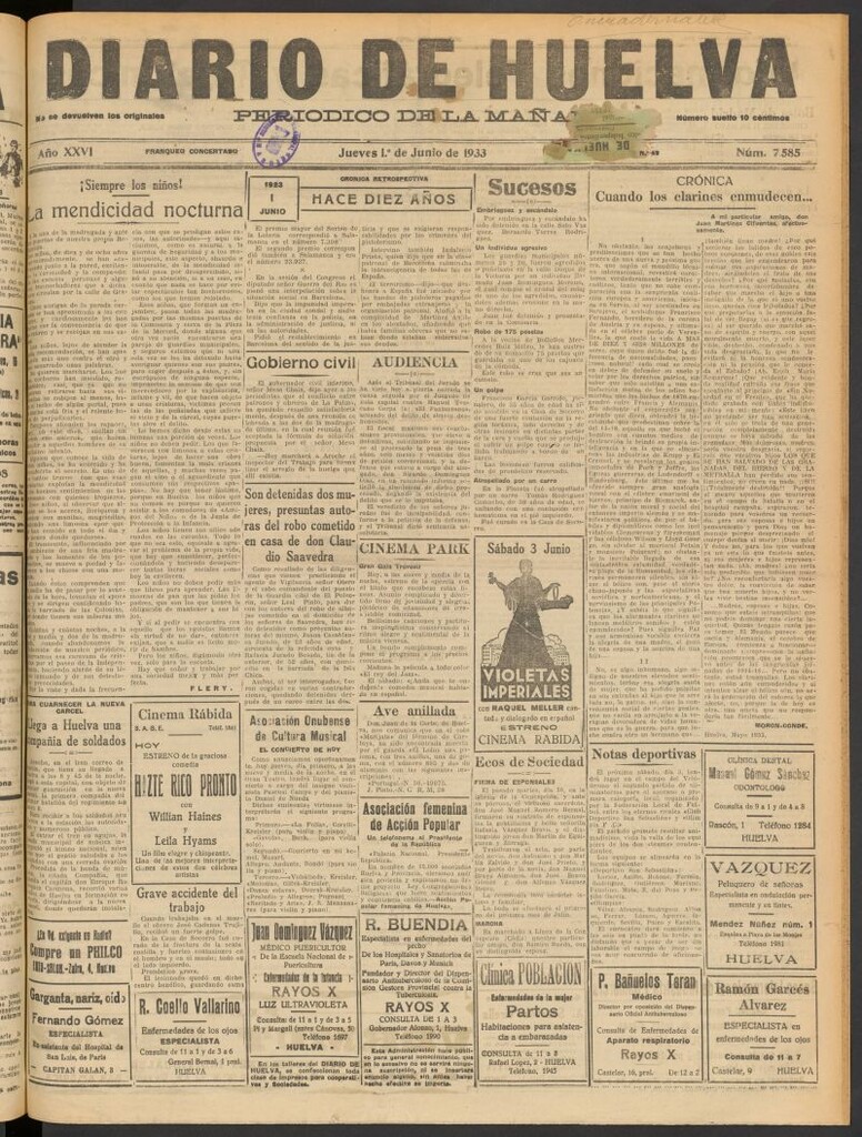 Miniatura de Diario de Huelva : periódico independiente del 1 de junio de 1933