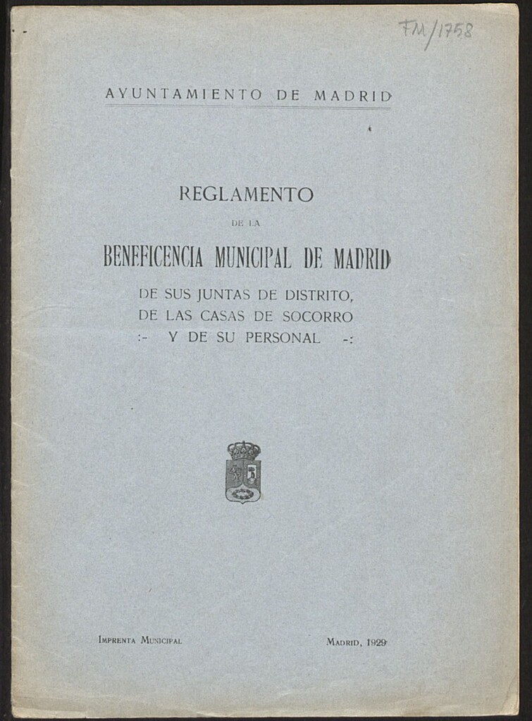 Miniatura de Reglamento de la Beneficencia Municipal de Madrid, de sus Juntas de Distrito, de las Casas de Socorro y de su personal