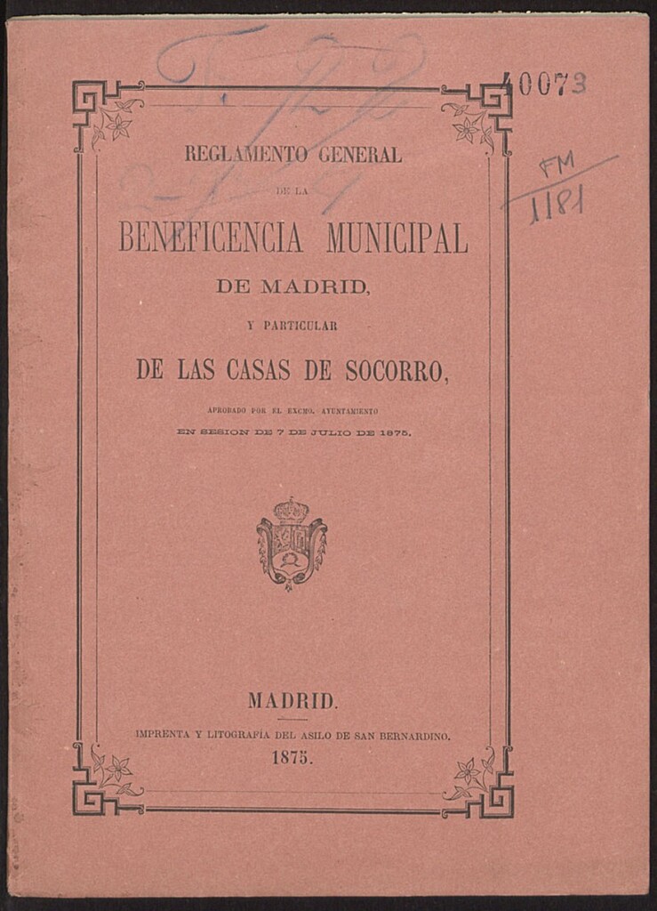 Miniatura de Reglamento general de la Beneficencia municipal de Madrid, y particular de las casas de socorro, aprobado...