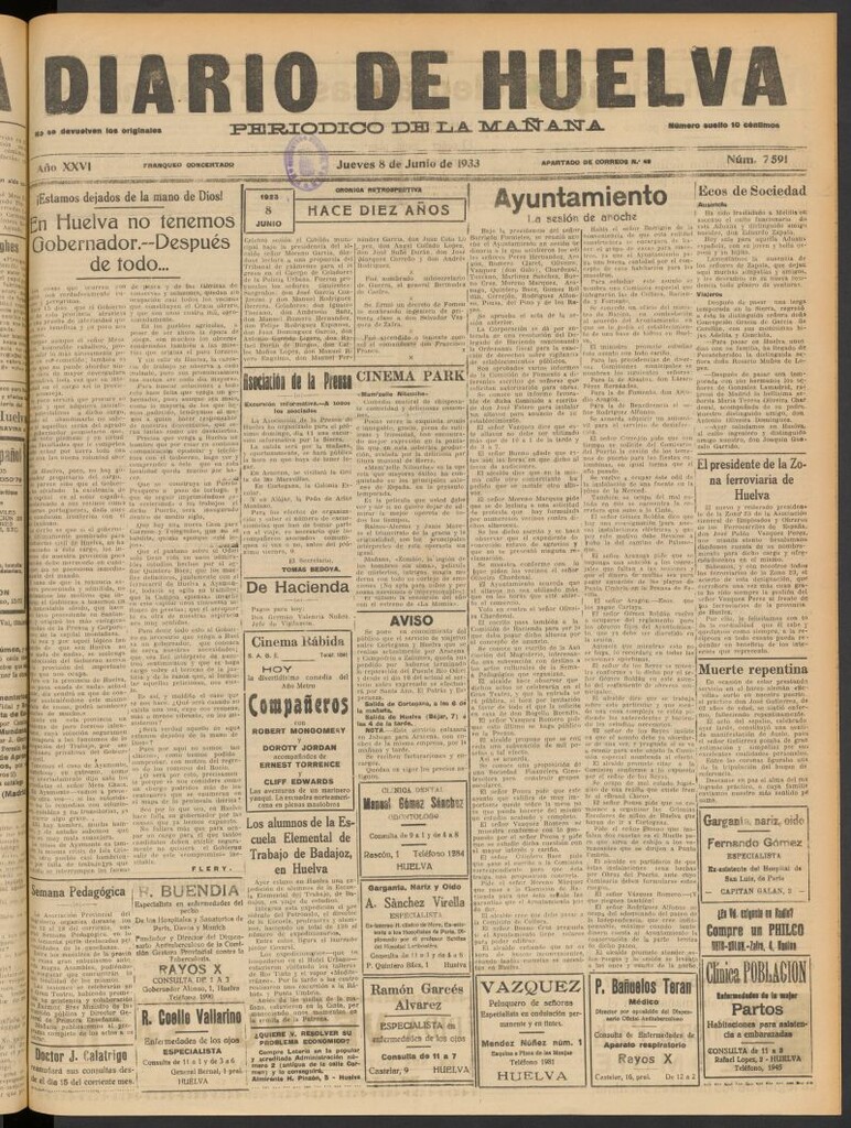 Miniatura de Diario de Huelva : periódico independiente del 8 de junio de 1933