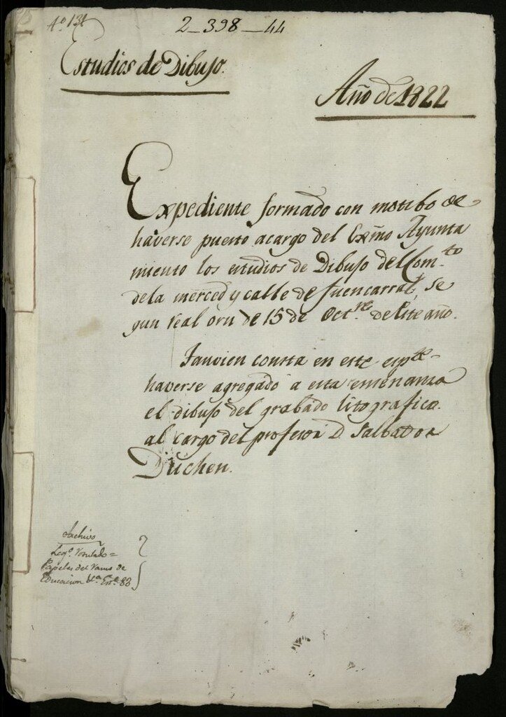 Miniatura de Expediente sobre los Estudios nocturnos de Dibujo, Adorno, Perspectiva y Geometría práctica establecidos en el Convento de la Merced y en la Calle Fuencarral, cuya parte facultativa y artística, así como el buen orden de los estudios lo lleva la Academia de San Fernando.