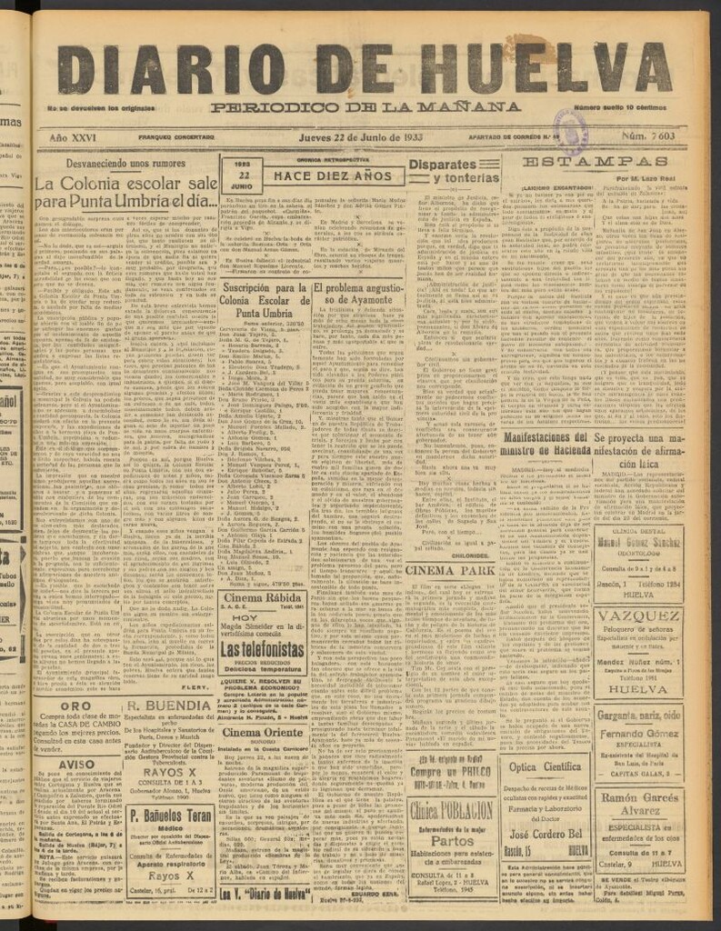 Miniatura de Diario de Huelva : periódico independiente del 22 de junio de 1933