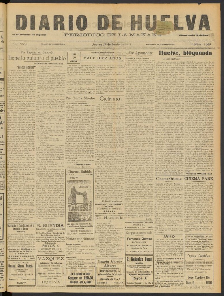 Miniatura de Diario de Huelva : periódico independiente del 29 de junio de 1933