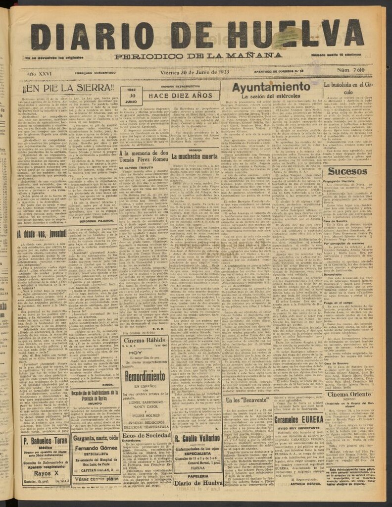 Miniatura de Diario de Huelva : periódico independiente del 30 de junio de 1933