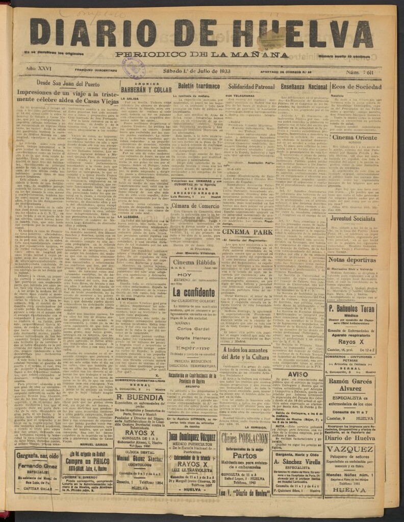 Miniatura de Diario de Huelva : periódico independiente del 1 de julio de 1933