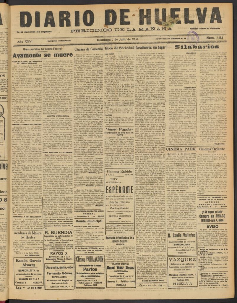 Miniatura de Diario de Huelva : periódico independiente del 2 de julio de 1933